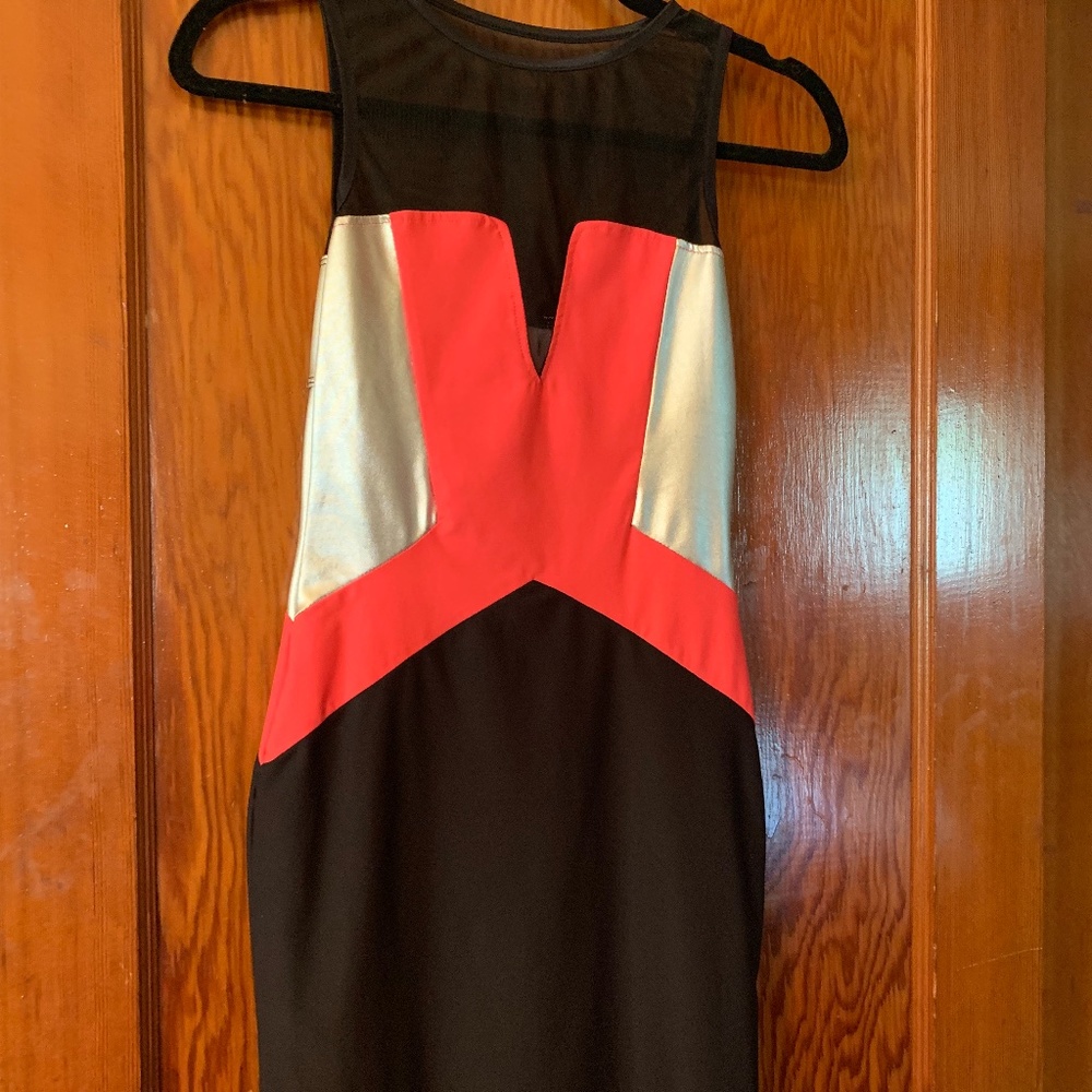 Black, red, silver mini dress with mesh cut outs